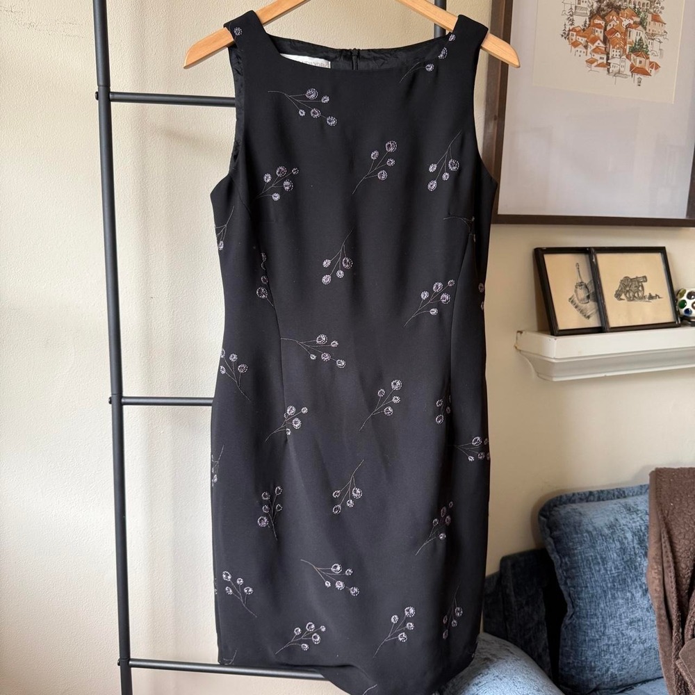 Black Embroidered Dress Jones New York Silver Floral Sleeveless Size 8